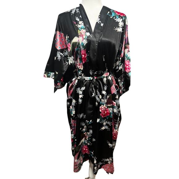 Oriental Village Silk Collection Kimono Robe Black w/ Bird Botanical Print - Picture 1 of 6